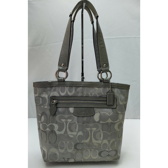 Coach Penelope Signature Gray Canvas Leather Trim Zipper Tote Shoulder Bag - Picture 1 of 13